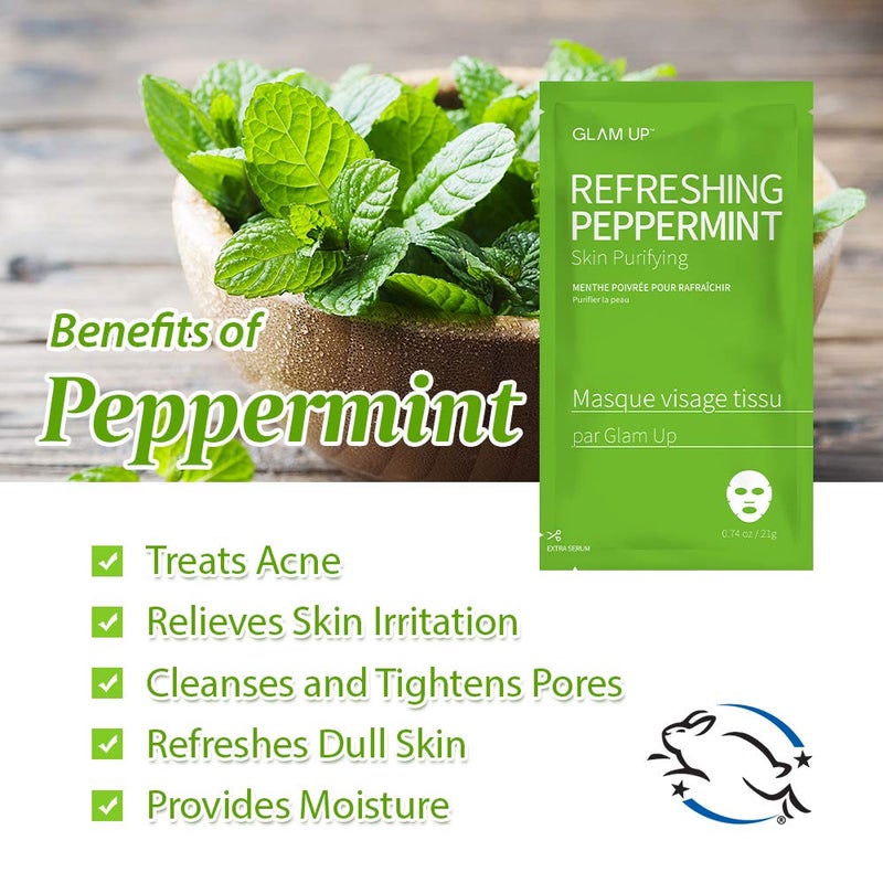 GLAM UP Sheet Mask Refreshing Peppermint (10 sheets) - Calming, Pore Tightening - Image 2